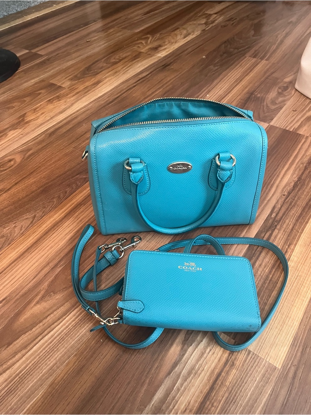 Coach Turquoise Leather Mini Satchel with Matching Crossbody Wallet